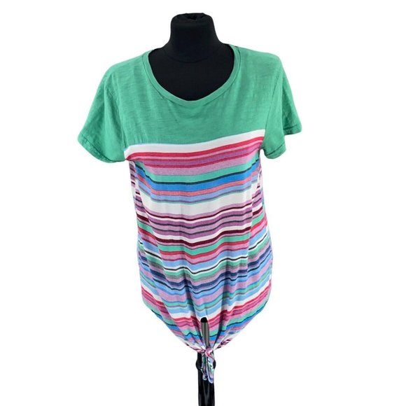 Umgee USA Womens Blouse Small Green Blue Stripes Top Front Tie Short Sleeve EUC - Picture 1 of 12